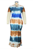 Inktgroen Mode Casual Print Tie-dye O-hals Jurk met korte mouwen Grote maten jurken
