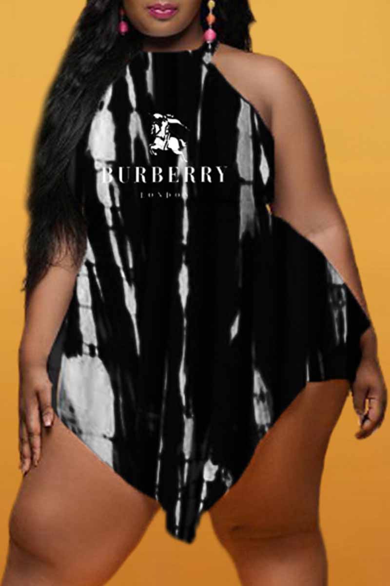 

Black Fashion Sexy Tie Dye Letter O Neck Plus Size Jumpsuits