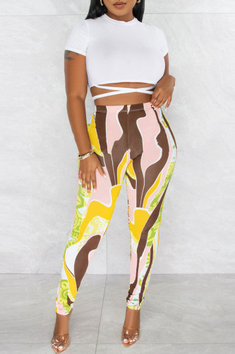 White Sexy Print Patchwork O Neck Short Sleeve Two Pieces