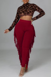 Red Fashion Casual Solid Tassel Regular High Waist Pencil Trousers