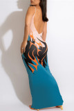 Lake Blue Fashion Sexy Print Backless Spaghetti Strap Langes Kleid