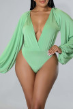Green Sexy Solid Patchwork V Neck Long Sleeve Two Pieces
