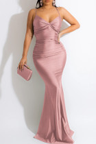 ピンクのファッションセクシーな固体包帯背中の開いたスパゲッティストラップロングドレス