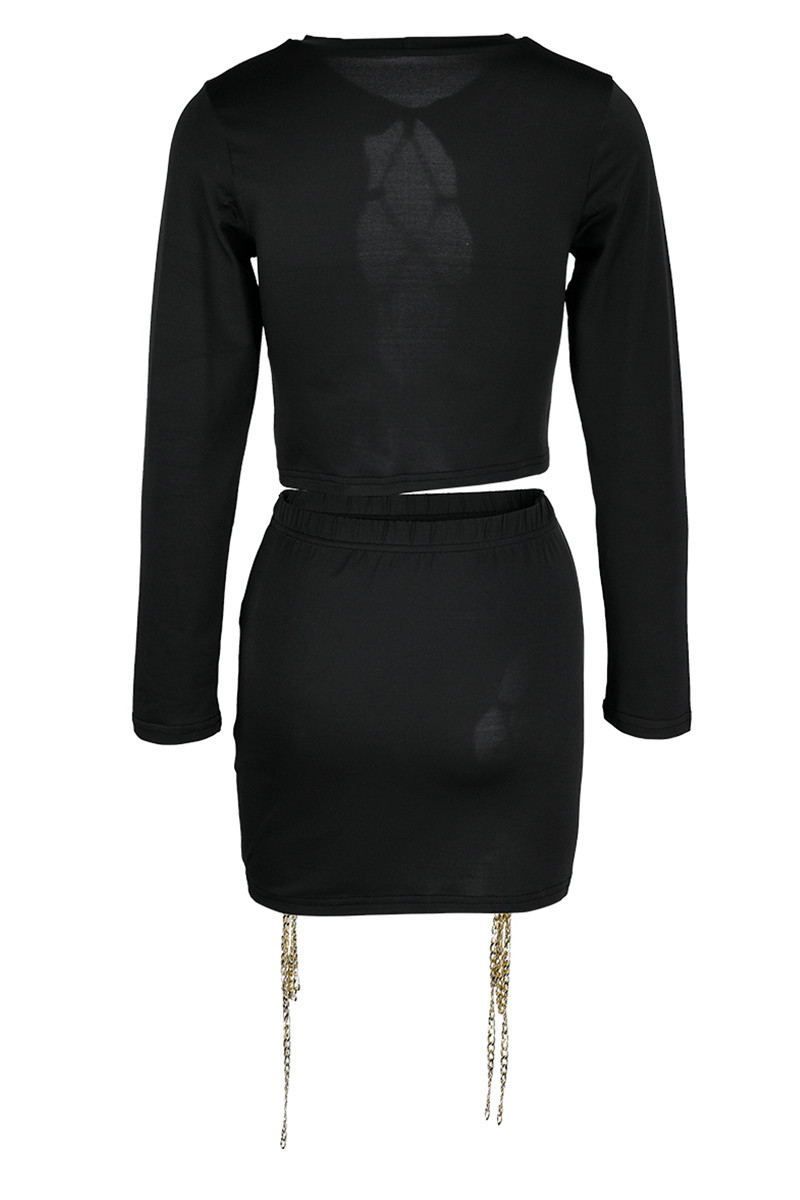 Wholesale Black Sexy Solid Hollowed Out Chains Slit O Neck Long Sleeve Two Pieces Ws17807 1 6963