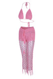 Pink Sexy Solid Hollowed Out Patchwork Sleeveless Two Pieces Crochet Knit Halter Crop Tops And Pants Sets