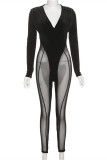 Macacão skinny preto fashion sexy de patchwork sólido transparente com decote em V