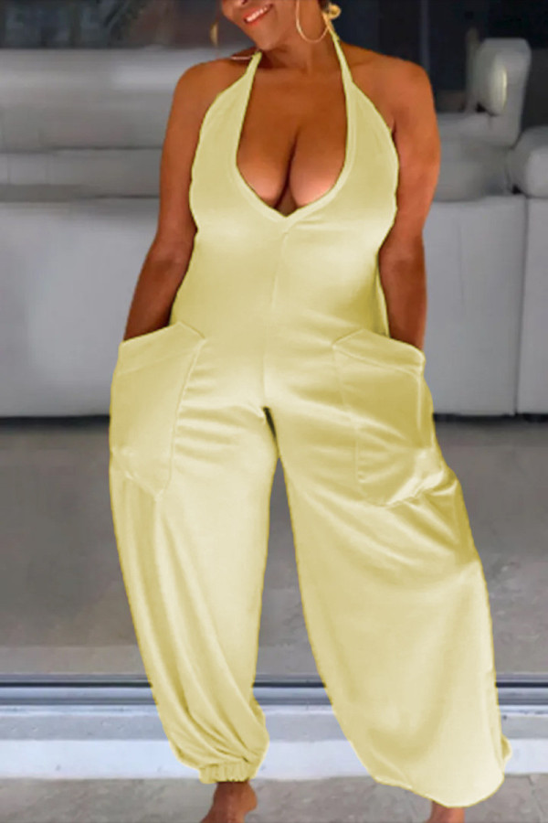 Желтые модные сексуальные однотонные лоскутные комбинезоны с открытой спиной и лямкой на шее