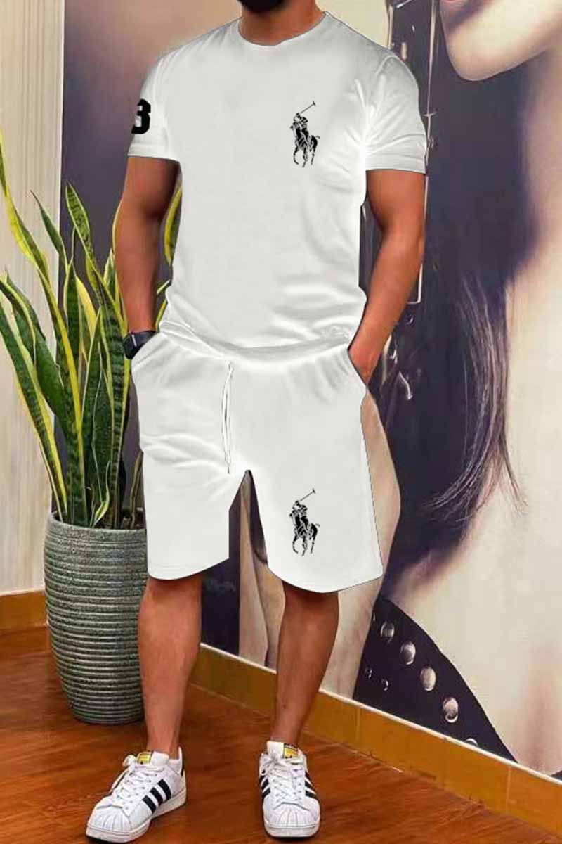 

White Fashion Sportswear Print Patchwork O Neck Short Sleeve Two Pieces