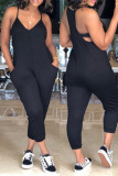 Macacão preto fashion sexy sem costas com decote em V plus size