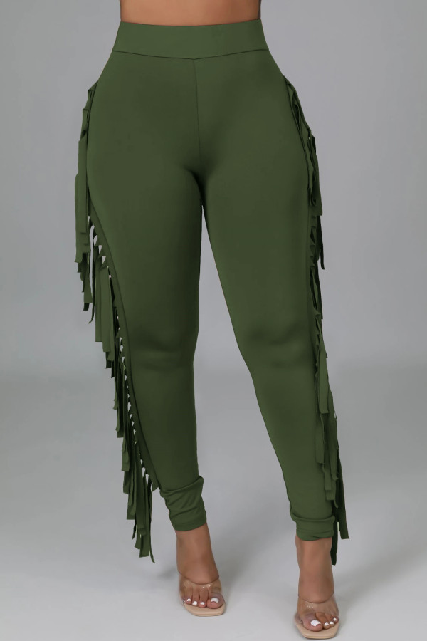 Pantalones lápiz de cintura alta regular con borlas sólidas informales de moda verde militar