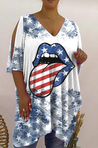T-shirts à col en V à imprimé décontracté à la mode blanc bleu