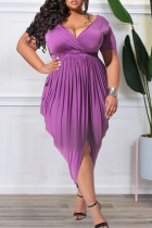 Пурпурные повседневные однотонные лоскутные асимметричные платья больших размеров с V-образным вырезом и складками (без пояса)
