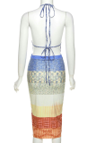Blue Sexy Patchwork Hollowed Out Halter Pencil Skirt Dresses