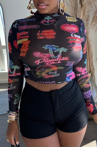 Black Fashion Sexy Casual Print Patchwork See-through O Neck Long Sleeve Two Pieces