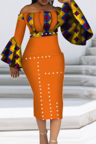 オレンジイエローヴィンテージプリントパッチワークオフショルダーペンシルスカートドレス