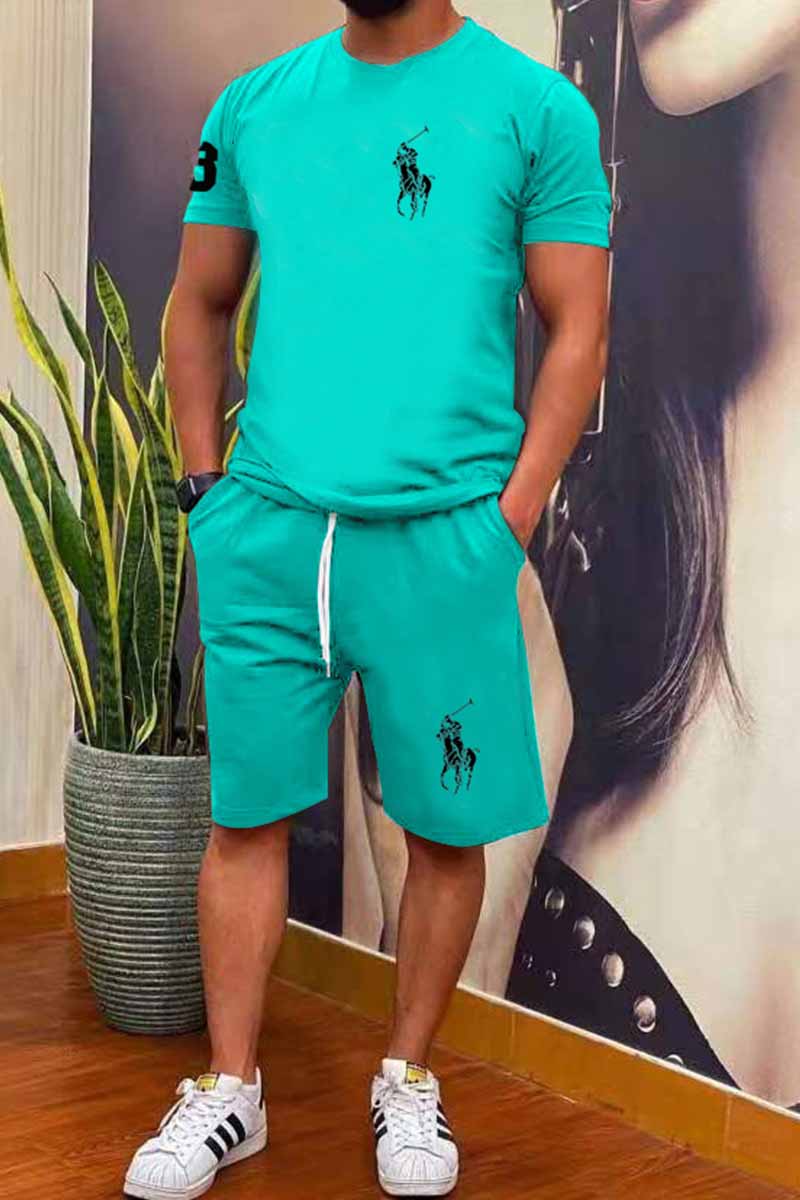 

Cyan Fashion Sportswear Print Patchwork O Neck Short Sleeve Two Pieces