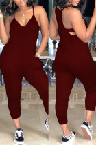 Burgund Fashion Sexy Solid Backless V-Ausschnitt Plus Size Jumpsuits