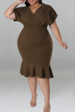 レッドカジュアルソリッドパッチワークフラウンスVネックワンステップスカートプラスサイズのドレス