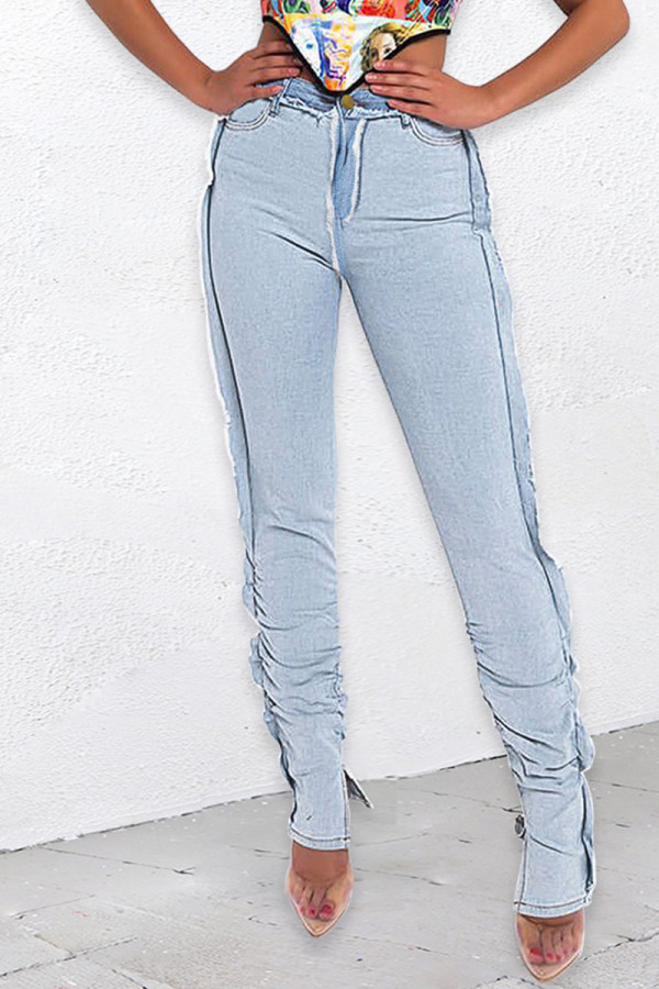 Babyblått Mode Casual Solid Patchwork Slits Denim Jeans med hög midja