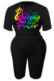 Black Fashion Street Print Patchwork T-shirts met letter O-hals
