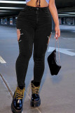 Zwarte mode casual effen uitgeholde patchwork kettingen hoge taille skinny denim jeans