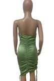 Light Green Sexy Solid Patchwork Draw String Fold Asymmetrical Spaghetti Strap Sling Dress Dresses