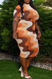 Multicolor Fashion Casual Plus Size Print Patchwork Contrast O Neck Short Sleeve Dress