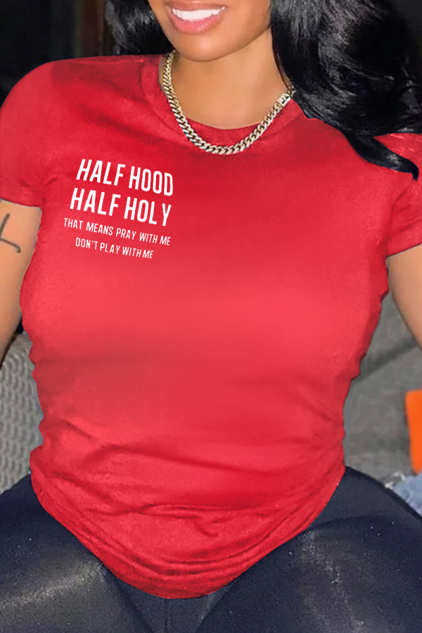 Röd Mode Street Print Patchwork Bokstaven O-hals T-shirts