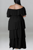 Black Casual Solid Patchwork Flounce Off the Shoulder Plus Size Two Pieces