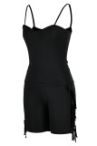 Black Sexy Solid Tassel Patchwork Spaghetti Strap Sleeveless Two Pieces