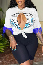White Casual Print Tassel Hollowed Out Patchwork Slit O Neck T-Shirts
