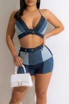 Bleu Sexy Plaid Patchwork Halter Sans Manches Deux Pièces