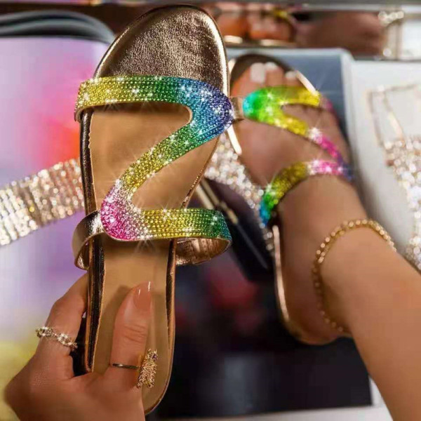 Zapatos cómodos redondos de diamantes de imitación de patchwork informales de moda dorada