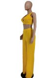 Yellow Sexy Solid Patchwork V Neck Sleeveless Two Pieces