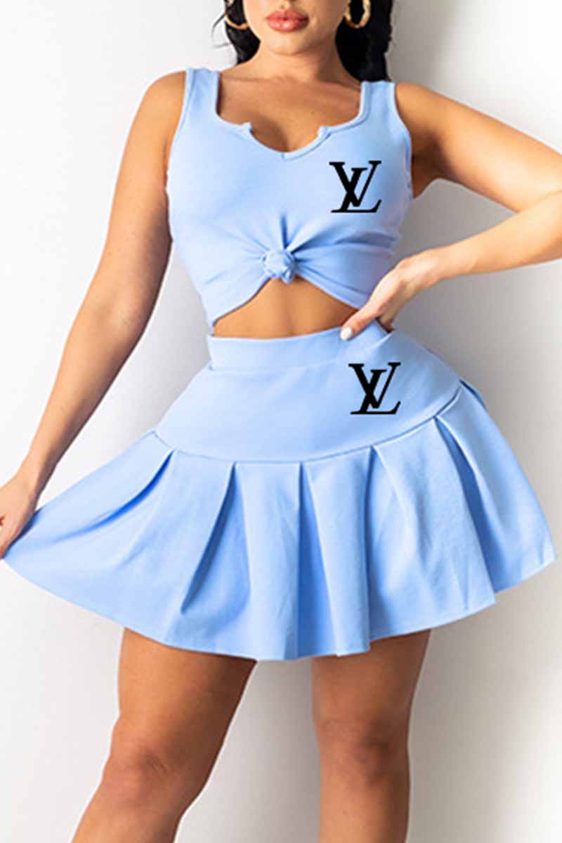 

Sky Blue Fashion Sweet Print Letter V Neck Sleeveless Two Pieces