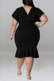 ブラックカジュアルソリッドパッチワークフラウンスVネックワンステップスカートプラスサイズのドレス