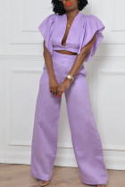 Purple Sexy Solid Patchwork V Neck Short Sleeve Two Pieces Ruffle Trim Crop Tops And Pants Sets