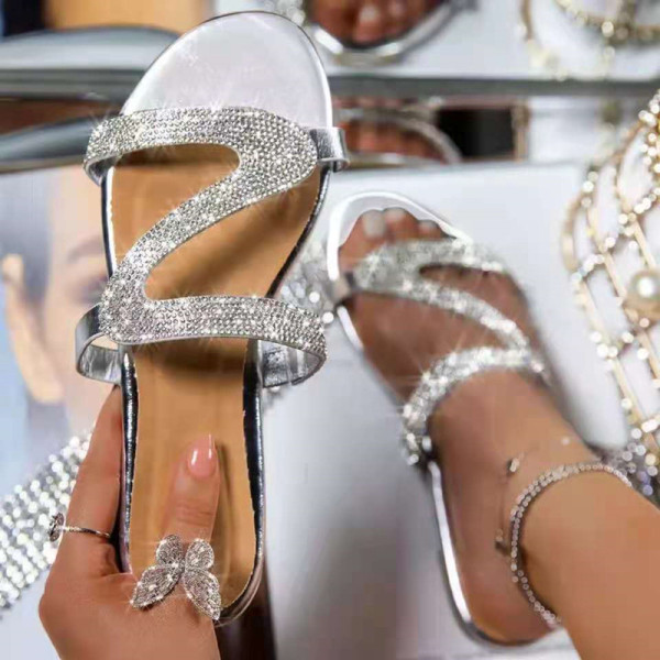Zapatos cómodos redondos de diamantes de imitación de patchwork informales de moda plateada