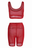 Red Sexy Solid Patchwork See-through U Neck Sleeveless Two Pieces