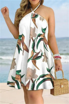 Blanc Vert Fashion Casual Print Bandage Backless Halter Robe sans manches Robes