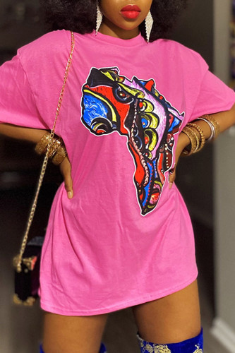 Pink Casual Print Patchwork O Neck T-Shirts
