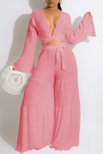 Pink Sexy Solid Bandage Patchwork V Neck Long Sleeve Two Pieces