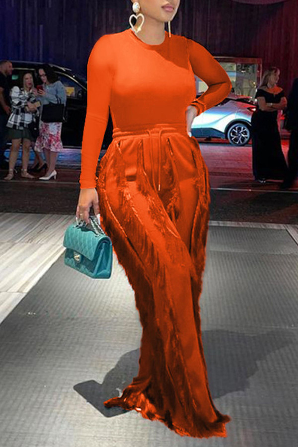 Orange Fashion Casual Solid Quaste Patchwork O Neck Langarm Zweiteiler