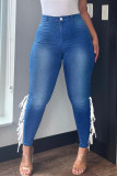 Tiefblaue, lässige, solide Bandage-Patchwork-Denim-Jeans mit hoher Taille