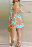 ブルーオレンジファッションカジュアルプリント包帯バックレスホルターノースリーブドレスドレス