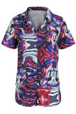 Powder White Casual Print Patchwork Buckle Turndown Collar Short Sleeve Two Pieces