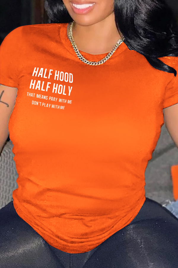 Camisetas con cuello en O y letras de patchwork con estampado de calle de moda naranja