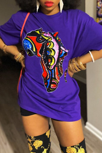 Blue Casual Print Patchwork O Neck T-Shirts