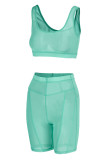 Lake Green Sexy Solid Patchwork See-through U Neck Sleeveless Two Pieces
