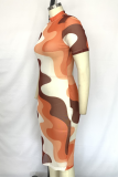 マルチカラーファッションカジュアルプラスサイズプリントパッチワークコントラストOネック半袖ドレス